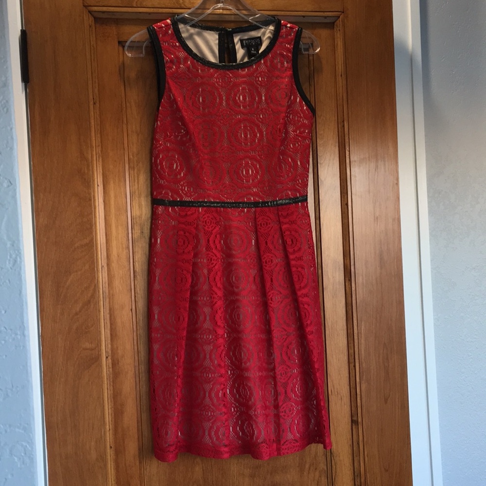 Red lace party dress with faux black leather trim
